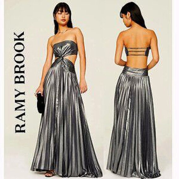 💥BREATHTAKING!💥Destiny Strapless Cut Out Pleated Gown in Metallic Silver